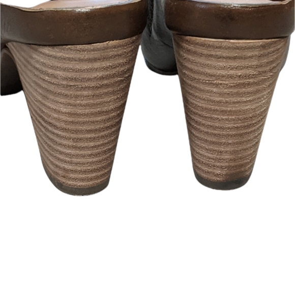 Clarks Okena chic peep toe leather mule stacked wood heel brown green 10M - Picture 5 of 14